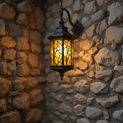 Ornate Black Outdoor Lantern Illuminating Stone Wall