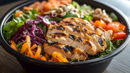 Delicious grilled fowl salad recipe with fresh vegetables and healthy protein diet for weight loss
