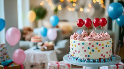 Celebrate special moments with a delicious cake and colorful balloons for a joyful birthday party event
