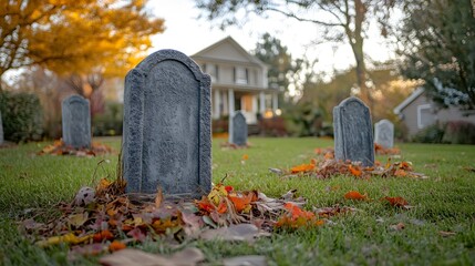 Spooky graveyard scene with tombstones and autumn leaves for halloween themed decorations and events