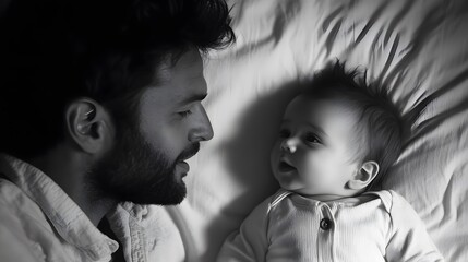 Father and infant bonding moment grayscale photography family love newborn baby care parenthood togetherness
