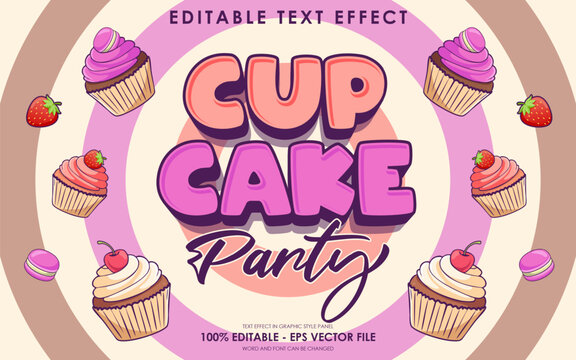 editable cup cake party text effect with illustration of cup cake party