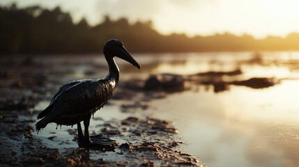 Impactful Image of a Bird Covered in Crude Oil Highlighting Environmental Pollution and Urgent Need for Conservation Awareness and Action Against Habitat Destruction