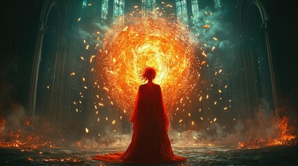 A figure in a crimson robe stands before a fiery portal.
