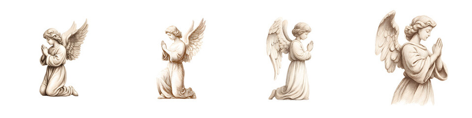 Obraz premium Sepia Tone Angel Statues: Vintage Religious Figurines on White Background