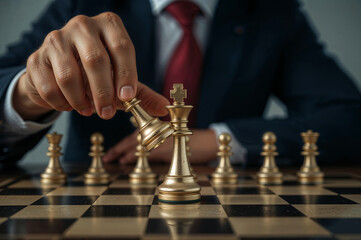 A person playing chess, moving a golden king piece over a silver king piece, symbolizing a strategic move