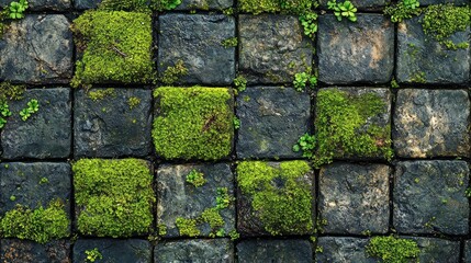 Moss-covered paving stones create a textured surface.