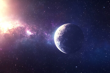 Obraz premium A stunning digital rendering of a planet illuminated by a nearby star, surrounded by a glowing galaxy and countless stars. Perfect for sci-fi, astronomy, or cosmic concept visuals.