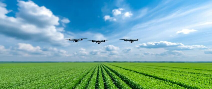 Drones over Farm: A squadron of drones navigates the blue expanse above an agriculture landscape, symbolizing modern farm, under a sky of soft clouds and fields, with a sense of innovation.