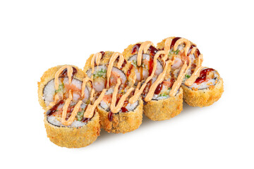 Golden tempura sushi rolls with shrimp, rice, vegetables and spicy sauce topping. Isolated on white background, perfect for restaurant menus, food delivery, or web design