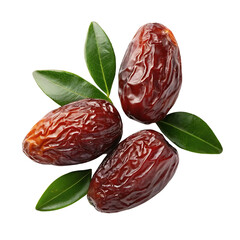 Three ripe medjool dates with fresh green leaves on a clean Transparent background