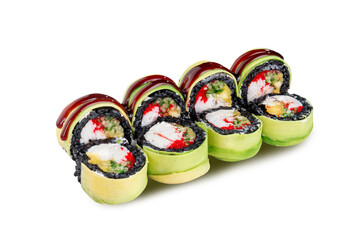 Creative sushi rolls made with black rice, wrapped in avocado, filled with seafood, vegetables and...