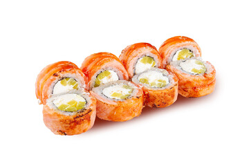 Grilled salmon sushi rolls filled with cream cheese and cucumber. Topped with sweet soy glaze. Isolated on white background for delivery, menu, or food packaging design