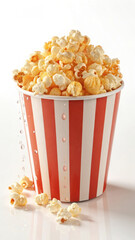 Classic red and white striped bucket overflowing with delicious popcorn