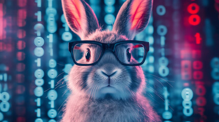 A futuristic rabbit wearing glasses, set against a backdrop of glowing digital numbers