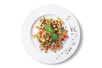Top-down view of a healthy chickpea and vegetable salad garnished with fresh basil, served on a white plate. Isolated on white background with seasoning crumbs. Ideal for healthy food blogs, cookbooks