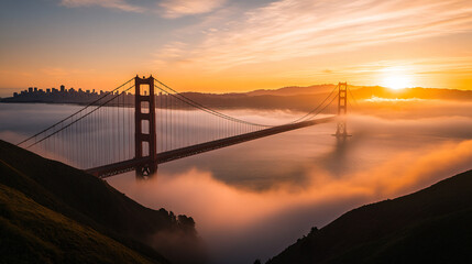 Breathtaking View of San Francisco Golden Gate Bridge Illuminated by Golden Hour Light Showcasing the Iconic Landmark and Its Surrounding Natural Beauty