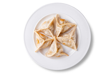 Crispy fried dumplings arranged in a circle on a clean white plate, shot from above. Traditional...