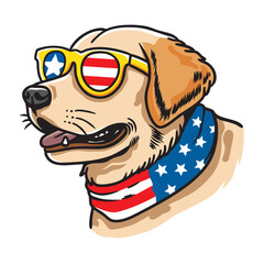 Naklejka premium Dog wearing american flag bandana and sunglasses in american flag background, vector illustration for the 4th of July, independence day, memorial day, veterans day, freedom day, patriotism symbol
