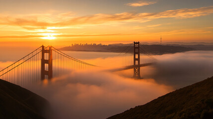 The Golden Gate Bridge Drenched in the Warm Glow of Sunset A Breathtaking View of San Francisco's Iconic Landmark Against a Stunning Evening Sky