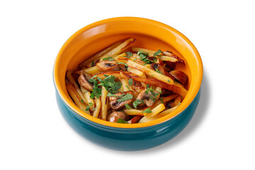 Top view of rustic-style fried potatoes with mushrooms and fresh parsley served in a vivid orange...
