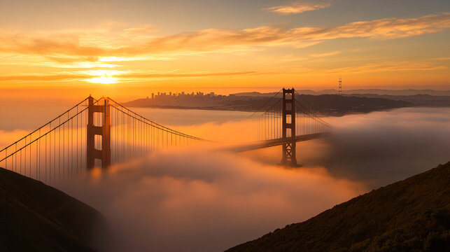 The Golden Gate Bridge Drenched in the Warm Glow of Sunset A Breathtaking View of San Francisco's Iconic Landmark Against a Stunning Evening Sky - Powered by Adobe