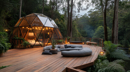 A Spacious 140 Square Meter Wooden Pine Deck Surrounded by Lush Greenery Offering a Perfect Retreat for Relaxation and Outdoor Gatherings in a Serene Natural Setting