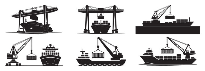 Cargo Ship and Port Crane Silhouette Icon Set © Baloch