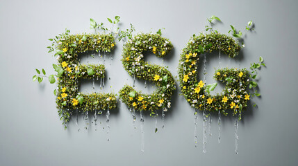 Vibrant Representation of the Concept of ESG Crafted from Lush Greenery and Colorful Flowers Highlighting the Importance of Sustainability and Environmental Responsibility in Modern Practices
