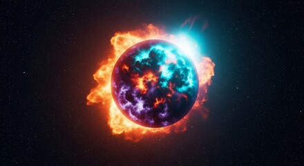 Naklejka premium Fiery Colorful Planet in Space with Nebula and Stars
