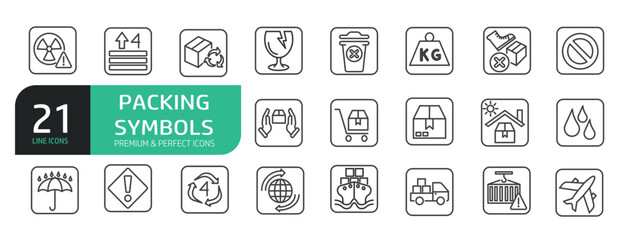 Set Of Packing Symbol Line Icons. The set includes a shipping, fragile, service to protect from the sun, processing, protected from moisture and more.