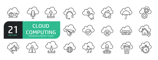 Set Of Cloud Computing Line Icons. The set includes a Data Analyzing, Data Center, Internet Technology, Cloud Storage, Database Platform, Computer Digital System, and more.