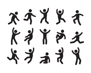 Dynamic Set of Black Stick Figures in Various Poses of Activity and Joy