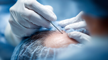 Precision Hair Transplant Surgery - Skilled Surgeon Performing Follicular Unit Extraction (FUE) in Modern Clinic