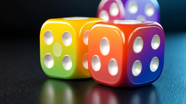 Colorful dice on dark background vibrant rainbow hues game play concept