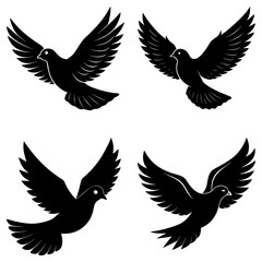 Four black doves flying isolated on white background in a simple design