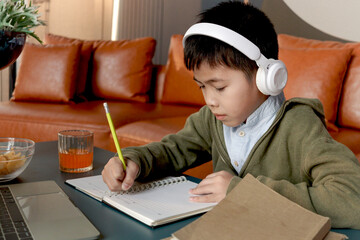 Asian school boy with headphones use laptop to study at online class, pointing at computer in...