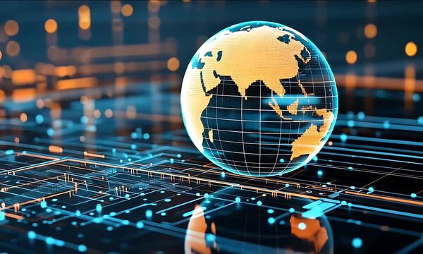 Digital globe representing global connectivity with data streams and circuitry in a futuristic setting - Powered by Adobe