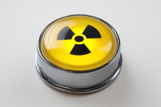 Shiny yellow button displays a universal symbol of radiation, a warning about potential danger. - Powered by Adobe