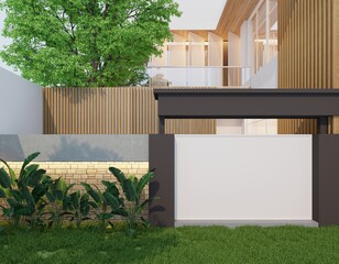 Modern residential exterior design with wooden slat walls, concrete doors and large trees. Front entrance arch with lawn and small bushes.3d render