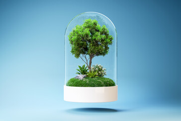 3D render of a miniature ecosystem terrarium inside a glass dome, featuring lush greenery and a tree, symbolizing sustainability, ecology, and natural balance.