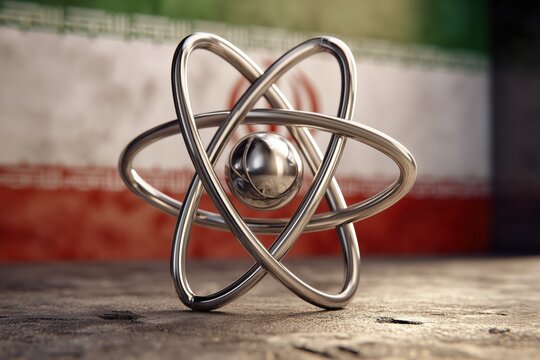 Atom model displayed against an Iranian flag backdrop evokes themes of science and geopolitical issues around nuclear research