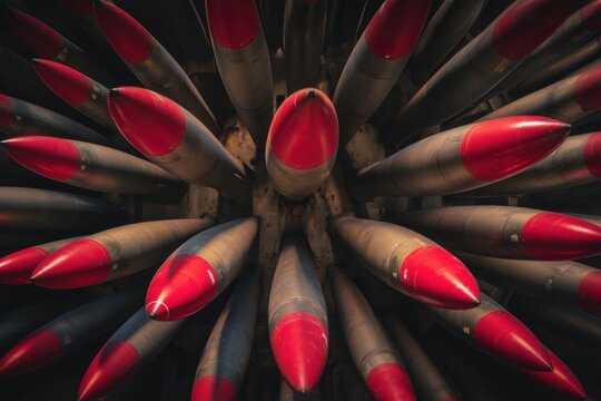 Aerial view showcasing multiple stacked rockets with red tips, arranged concentrically in a military arsenal
