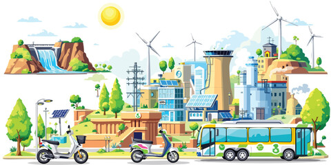 Clean energy cityscape depicting sustainable transportation and renewable power sources.