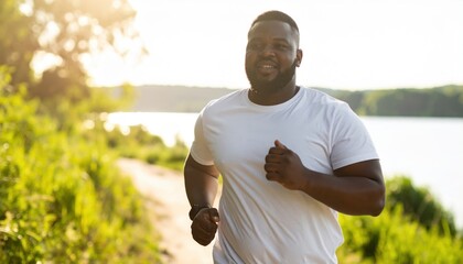 Plus Size Man jogging along a scenic lakeside path in the early morning light, promoting health and fitness in nature