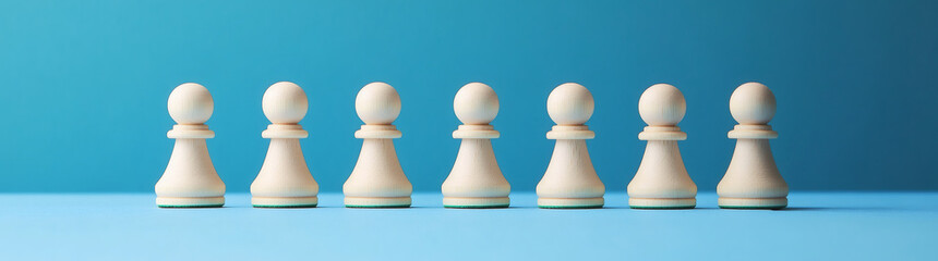 Close up portrait of white pawn chess piece standing out among blurred wooden chess pieces : Generative AI
