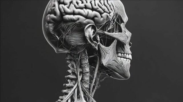 A detailed 3D  showing the internal and external structure of a human skull, highlighting the bones and brain. Educational  for anatomy classes or medical resources.