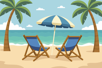 Beach chaise longue with umbrella, beach scene with sea and palms. Vector illustration in flat style