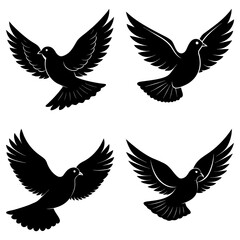 Fototapeta premium Four black doves flying isolated on white background in a simple design
