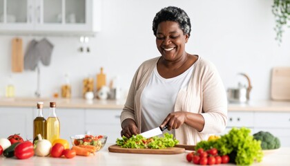 Happy Senior woman chopping fresh vegetables in a bright kitchen surrounded by healthy ingredients and ingredients for cooking